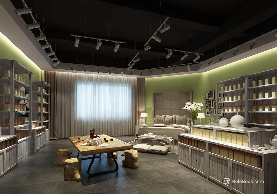 Elegant Home Store Interior With Shelves Display Cabinets Sofa Table And Lighting 3d model 