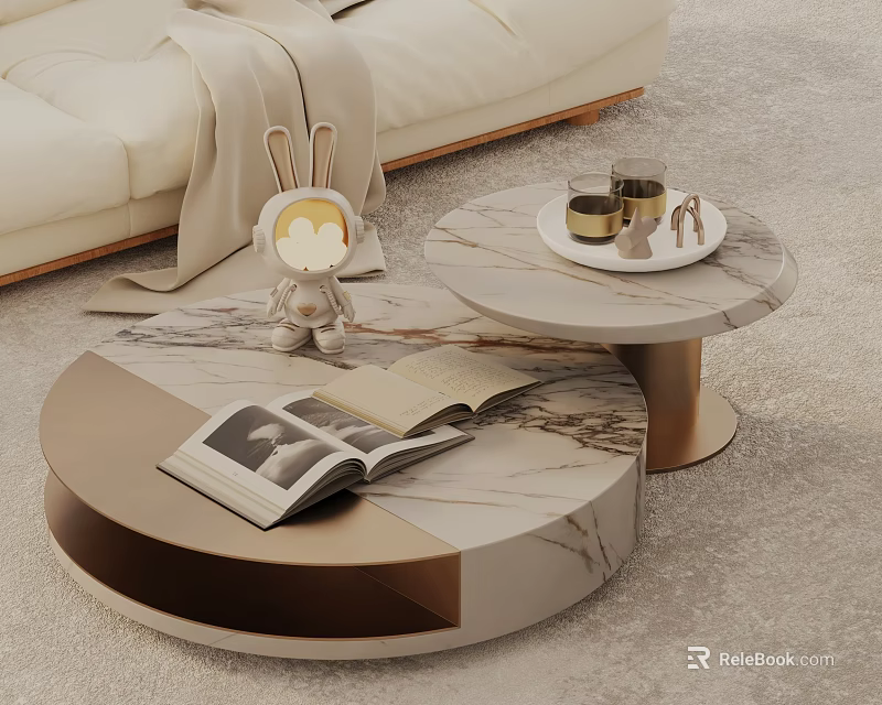 Light Colored Sofa Coffee Table Set With Round Marble Design Magazine Decorative Doll And Blanket 3d model