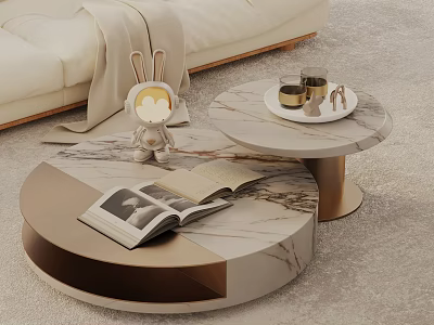 Light Colored Sofa Coffee Table Set With Round Marble Design Magazine Decorative Doll And Blanket 3d model