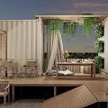 Garden Landscape With Wooden Triangle Tents Lush Green Lawn And Outdoor Seating Areas