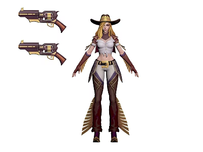 Western Themed Female Cowgirl Character With Dual Revolvers And Decorative Western Outfit 3d model