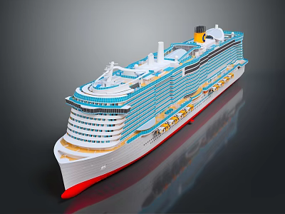 Luxury Cruise Ship With Multiple Decks Blue White Design And Yellow Funnel 3d model