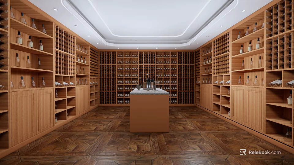 Luxurious Wine Cellar Interior Design With Wooden Racks And Central Counter 3d model 