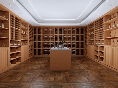 Luxurious Wine Cellar Interior Design With Wooden Racks And Central Counter 3d model