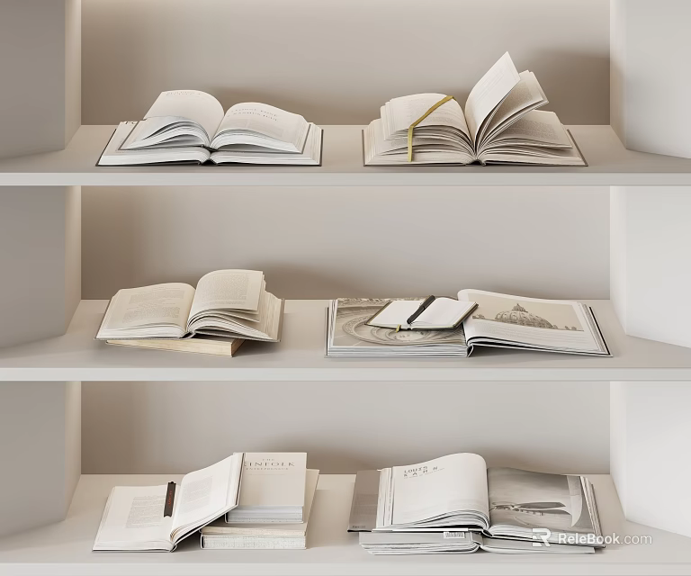Open Books And Magazines Arranged On Multiple White Shelves 3d model