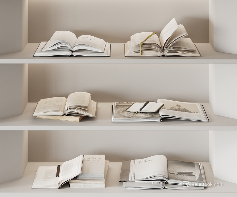 Open Books And Magazines Arranged On Multiple White Shelves 3d model 