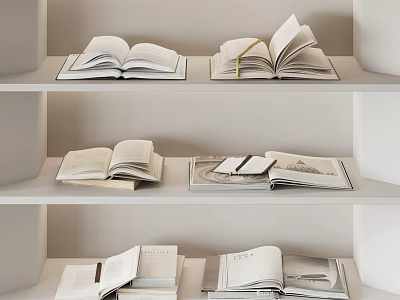 Open Books And Magazines Arranged On Multiple White Shelves 3d model