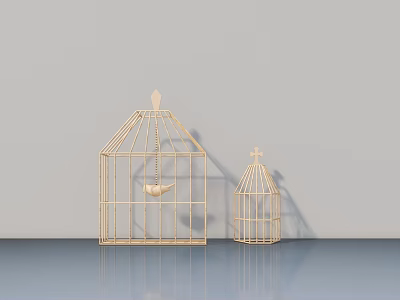 Wooden Birdcage Ornament Set Two Sizes Minimalist Home Decor Accents 3d model