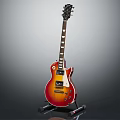 Electric Guitar Musical Instrument With Sunburst Red Brown Body On Black Stand And Fretboard