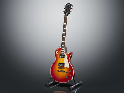Electric Guitar Musical Instrument With Sunburst Red Brown Body On Black Stand And Fretboard 3d model