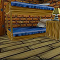 Cozy Wooden Bunk Bed With Blue Mattress Brick Wall Wooden Floor Nightstand Lamp And Bookshelf