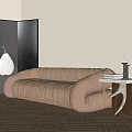Tan Pleated Three Seater Sofa With Black Room Divider And Wooden Side Table