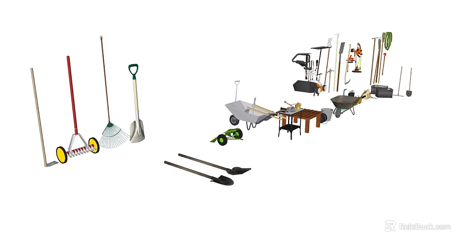 Industrial Equipment Collection With Various Tools Wheelbarrow Shovel Rake And Tool Rack 3d model 