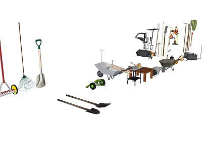 Industrial Equipment Collection With Various Tools Wheelbarrow Shovel Rake And Tool Rack 3d model