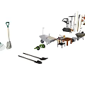 Industrial Equipment Collection With Various Tools Wheelbarrow Shovel Rake And Tool Rack