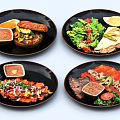 Various Delicious Foods Served On Black Plates With Sauces And Fresh Ingredients