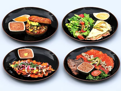 Various Delicious Foods Served On Black Plates With Sauces And Fresh Ingredients 3d model