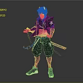 Game Movie Character With Blue Hair Black Blue Outfit And Sword At Waist