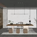 Modern Tea Room With Wooden Bookshelf Long Table Textured Wall Pendant Light And Tea Sets