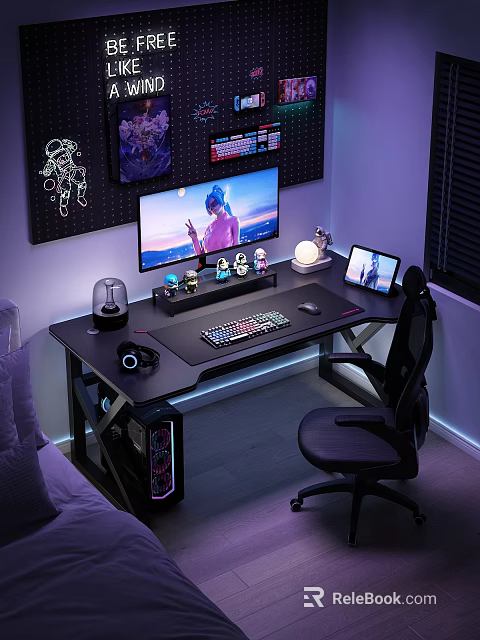 Modern Gaming Desk Setup With Monitor Keyboard Mouse Headphones Tablet And Figurines 3d model 