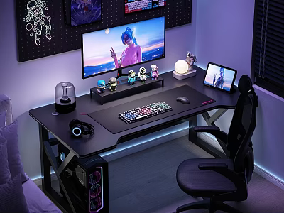 Modern Gaming Desk Setup With Monitor Keyboard Mouse Headphones Tablet And Figurines 3d model