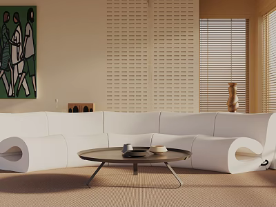 White Modern Three Seater Sofa Interior With Coffee Table Decorative Painting And Window Blinds 3d model