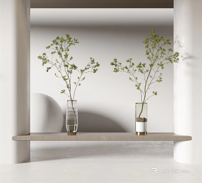 Green Branches in Two Vases on Light Colored Shelf with White Wall Arch Background 3d model 
