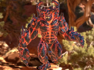 Game Movie Character Lava Demon Walking With Fiery Muscular Body In Rocky Forest Environment 3d model