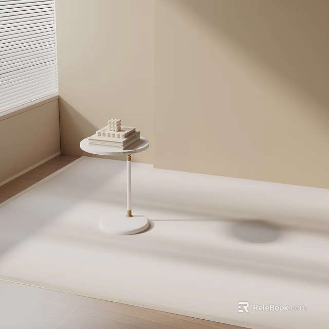 White Side Table with Small Decorations in Beige Wall Light Floor Room with Soft Lighting 3d model