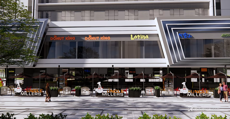 Modern Commercial Street Outdoor Area With Storefronts Umbrellas Plants And Pedestrians 3d model 