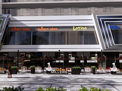 Modern Commercial Street Outdoor Area With Storefronts Umbrellas Plants And Pedestrians 3d model
