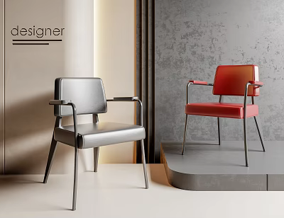 Modern Gray And Red Leather Dining Chairs With Metal Legs In Minimalist Interior 3d model