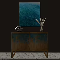 Console Cabinet Sideboard With Gradient Blue Yellow Finish Golden Handles Decorative Painting Vase Reeds