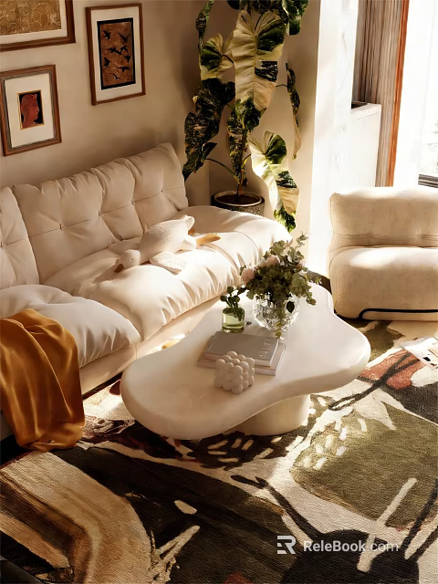 Cozy Living Dining Area Interior With Beige Sofa Armchair Coffee Table Green Plants Sunlight 3d model 