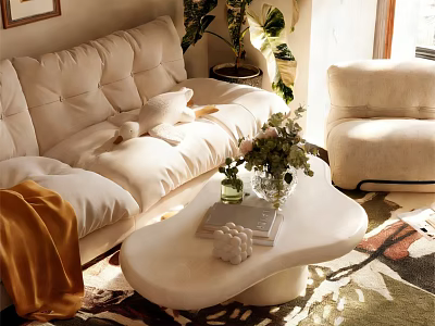 Cozy Living Dining Area Interior With Beige Sofa Armchair Coffee Table Green Plants Sunlight 3d model