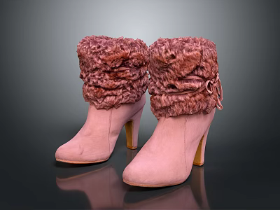 Pink High Heel Ankle Boots With Fuzzy Cuff And Metallic Buckle Design 3d model