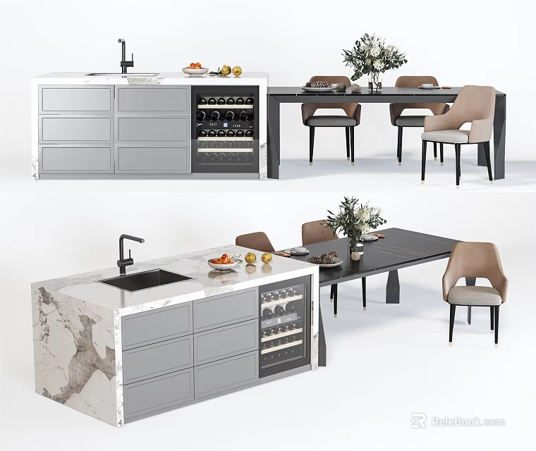 Modern Dining Table Set With Marble Countertop Wine Cabinet And Chairs 3d model