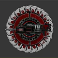 Mechanical Weapon With Red And Silver Gear Structure And Central Firing Mechanism