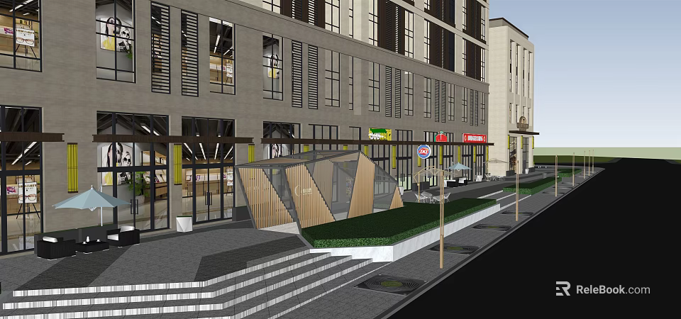 Modern Commercial Street With Glass Facades Storefronts And Outdoor Green Spaces 3d model 