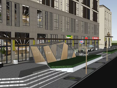 Modern Commercial Street With Glass Facades Storefronts And Outdoor Green Spaces 3d model