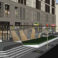 Modern Commercial Street With Glass Facades Storefronts And Outdoor Green Spaces