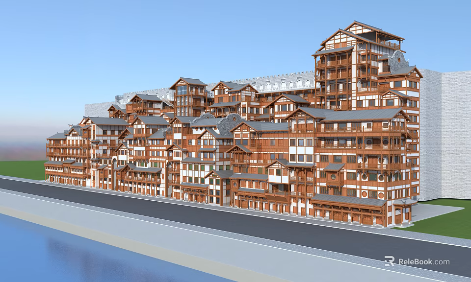 Multi Storey Commercial Complex With Traditional Wooden Exterior Balconies And Waterfront 3d model 