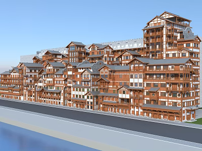 Multi Storey Commercial Complex With Traditional Wooden Exterior Balconies And Waterfront 3d model