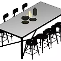 Modern White Dining Table Set with Black High Chairs and Tableware 3d model