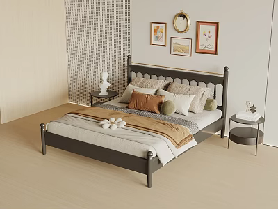 Double Bed With Dark Headboard Decorative Paintings Cozy Blanket Pillows And Nightstands 3d model