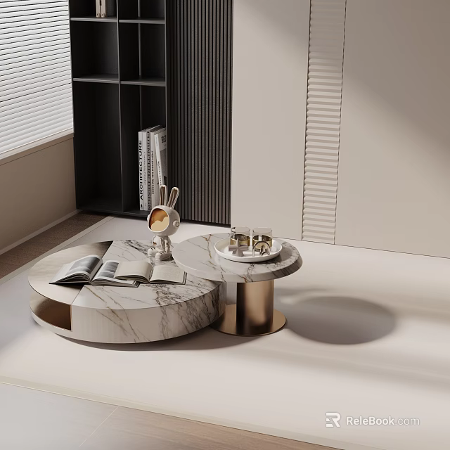 Elegant Modern Sofa Coffee Table Set With Round Marble Top And Gold Metal Base 3d model 