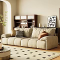 Cozy Beige Two Seater Sofa in Living Room with Pillows Plant and Bookshelf