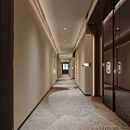 Modern Hotel Corridor Interior With Soft Lighting Patterned Carpet And Wooden Walls 3d model