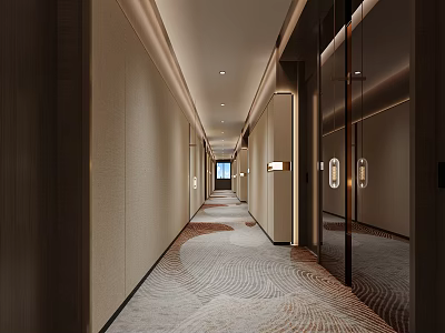 Modern Hotel Corridor Interior With Soft Lighting Patterned Carpet And Wooden Walls 3d model