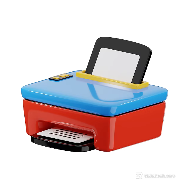 Blue And Red Office Appliance Printer With Black Tablet Holder And White Screen 3d model 